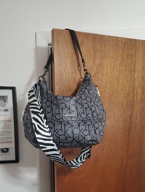 Calvin Klein Black & Gray Logo Hobo Shoulder Bag